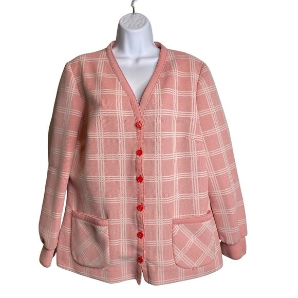 Vintage 1970’s Sears Knit Boutique Women's Pink Plaid Cardigan Jacket Size 18‎ - Picture 1 of 11